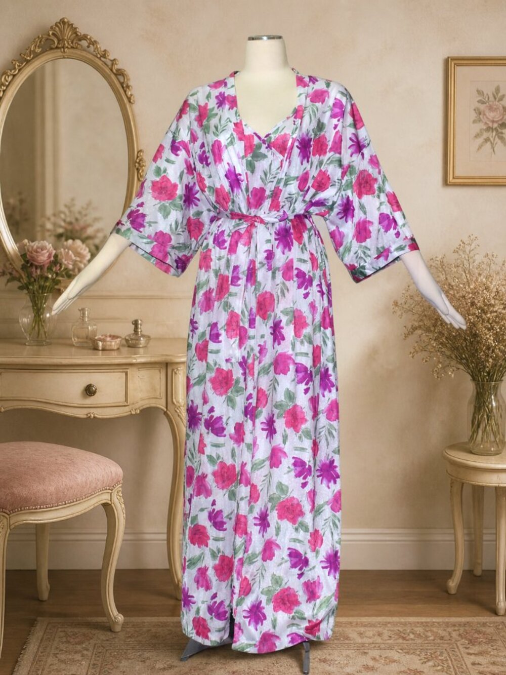Vintage 70s Floral Maxi Nightgown and Robe Peignoir Set Nylon XL